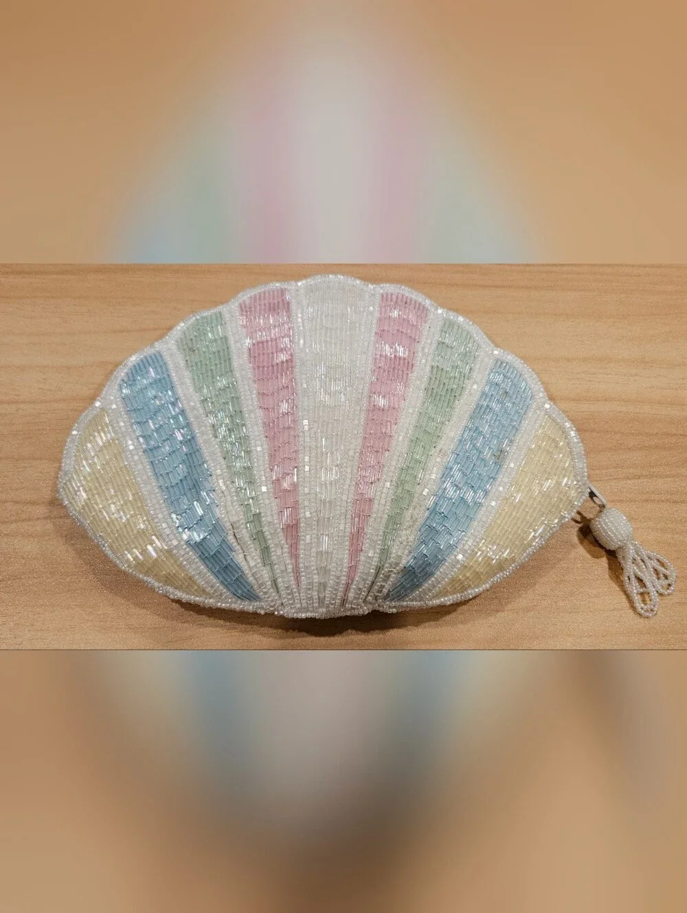 Vintage Handmade Beaded Seashell Pastel Color Pouch Bag Zipper Closure Boho Chic